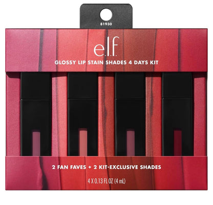 e.l.f. Glossy Lip Stain Shades 4 Days Kit, Langdurige Lipstiffies Vir 'n Deurskynende Skakering Kleur & Subtiele Glansafwerking - Vegan & Wreedheidvry (4 Skakerings)