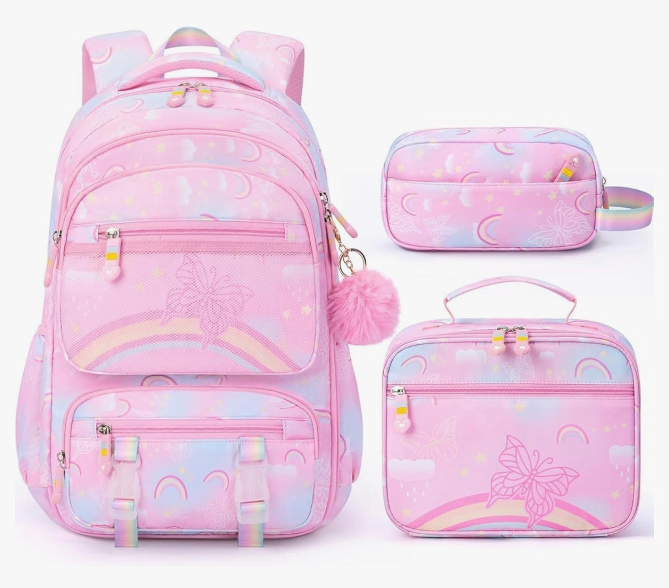 Kids Backpack - 3PCS Rainbow & Butterflies Teen Girls Backpack w/ Lunch Box & Pencil Case, Cute Pink Bookbag School Bag for Kindergarten Elementary Middle School Student Ages 5+