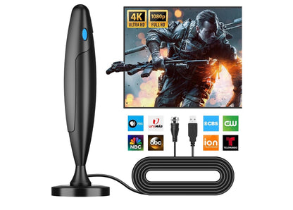 TV-antenna binnenshuis, antenna vir slim-TV vir langafstandontvangs en alle slim/ou TV's, HD digitale antenna met versterkersinjaalversterker vir plaaslike kanale, ondersteun 4K 1080p