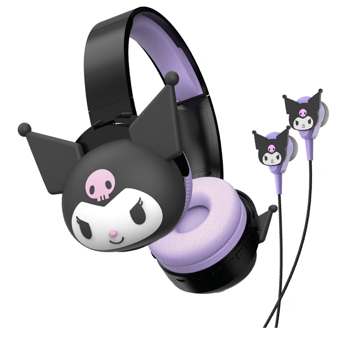 Hello Kitty 2-in-1 Wireless Bluetooth Headphones with Wired Earbuds – Foldable Over-Ear Headset with Built-in Mic, AUX Cable, Adjustable Headband, and Onboard Controls – Kuromi