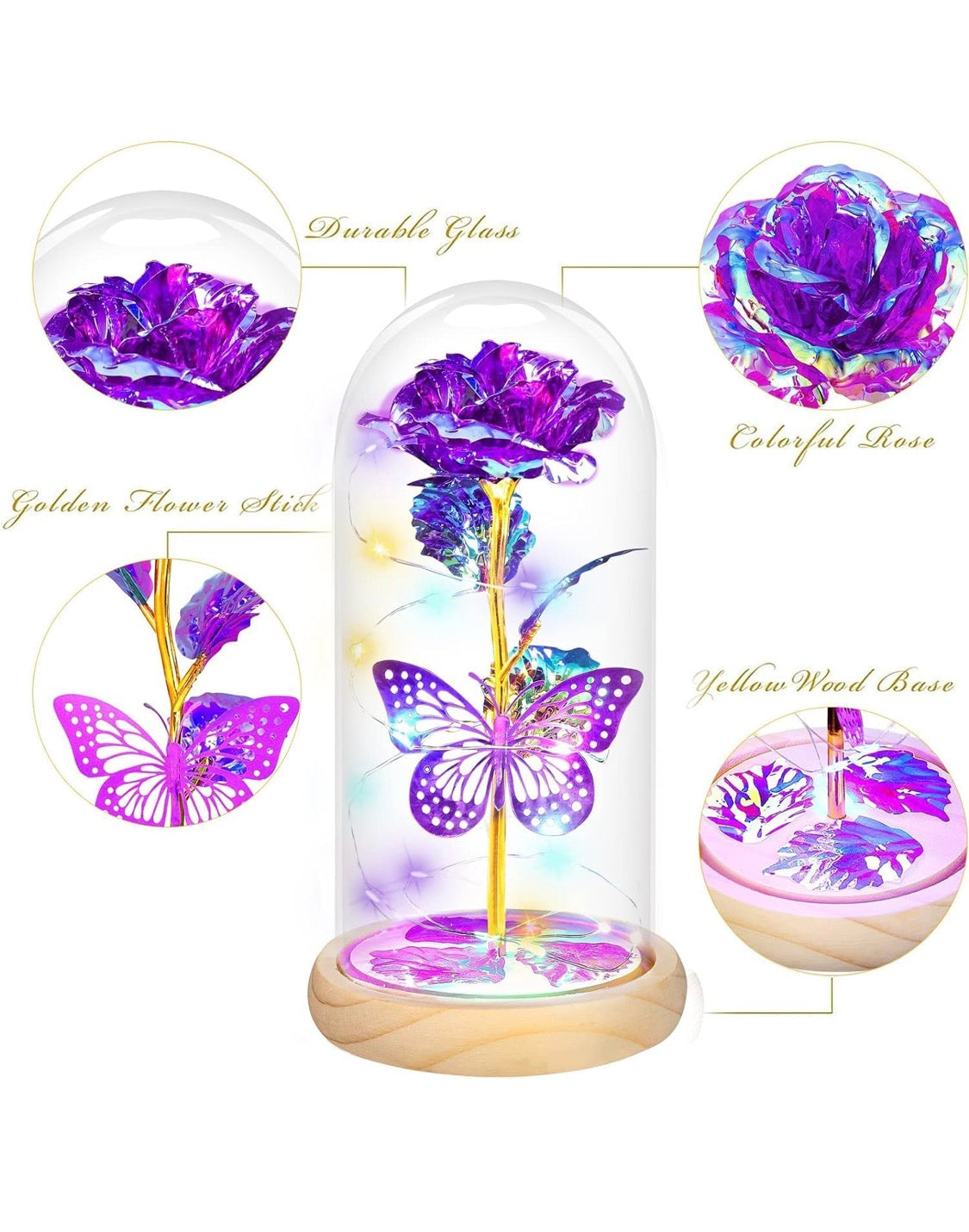 Red Timeless Crystal Rose w/ Butterfly - Illuminated Dome Glass - Special Occasion/Gifts