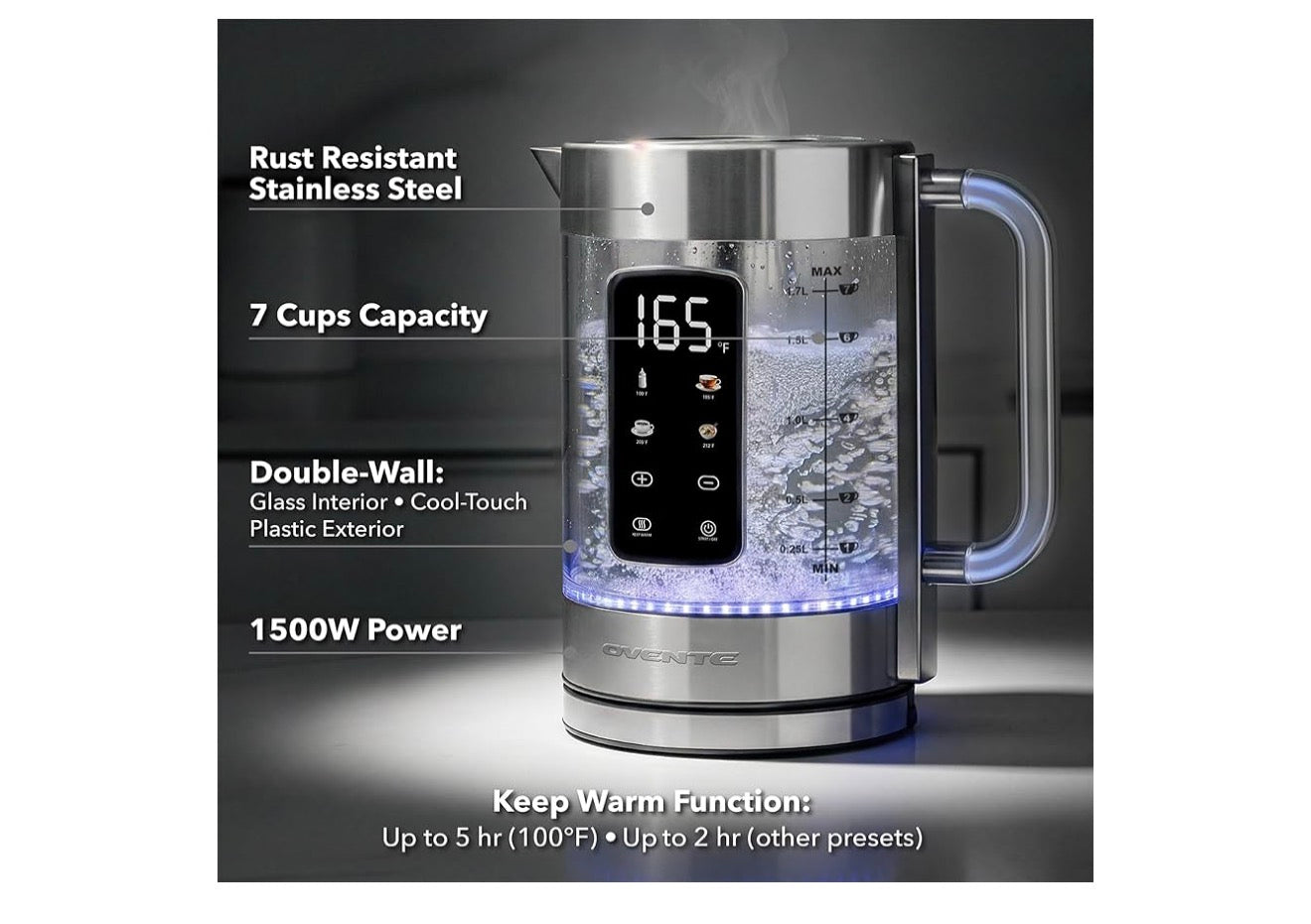 Digitale Glas Elektriese Ketel 1.7L met Kleurveranderende LED-ligte Temperatuurbeheer, Dubbelwand Koel Aanraking, 4 Voorinstellings, Hou Warm, Tee-infuser en Kookdroogbeskerming - (Silwer)