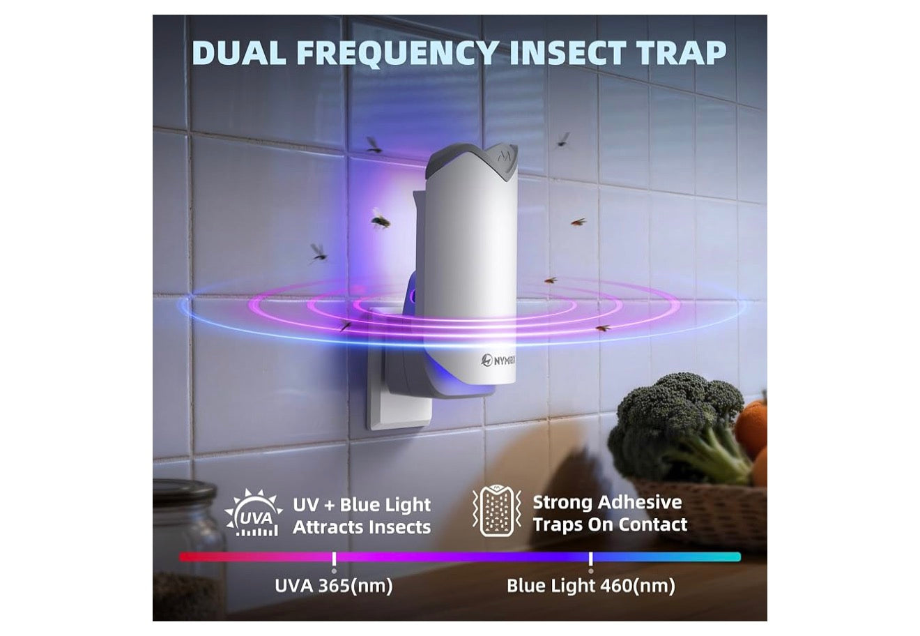 Nymrix Indoor Fly Trap, Plug-in Flying Insect Trap for Fruit Flies & Gnats 24/7 Blue Light Trap for House Flies & Mosquitoes, Works in Kitchens & Near Plants, Safe for Kids & Pets, 2 Bases + 6 Refills