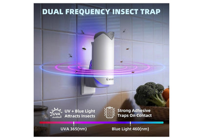 Nymrix Indoor Fly Trap, Plug-in Flying Insect Trap for Fruit Flies & Gnats 24/7 Blue Light Trap for House Flies & Mosquitoes, Works in Kitchens & Near Plants, Safe for Kids & Pets, 2 Bases + 6 Refills
