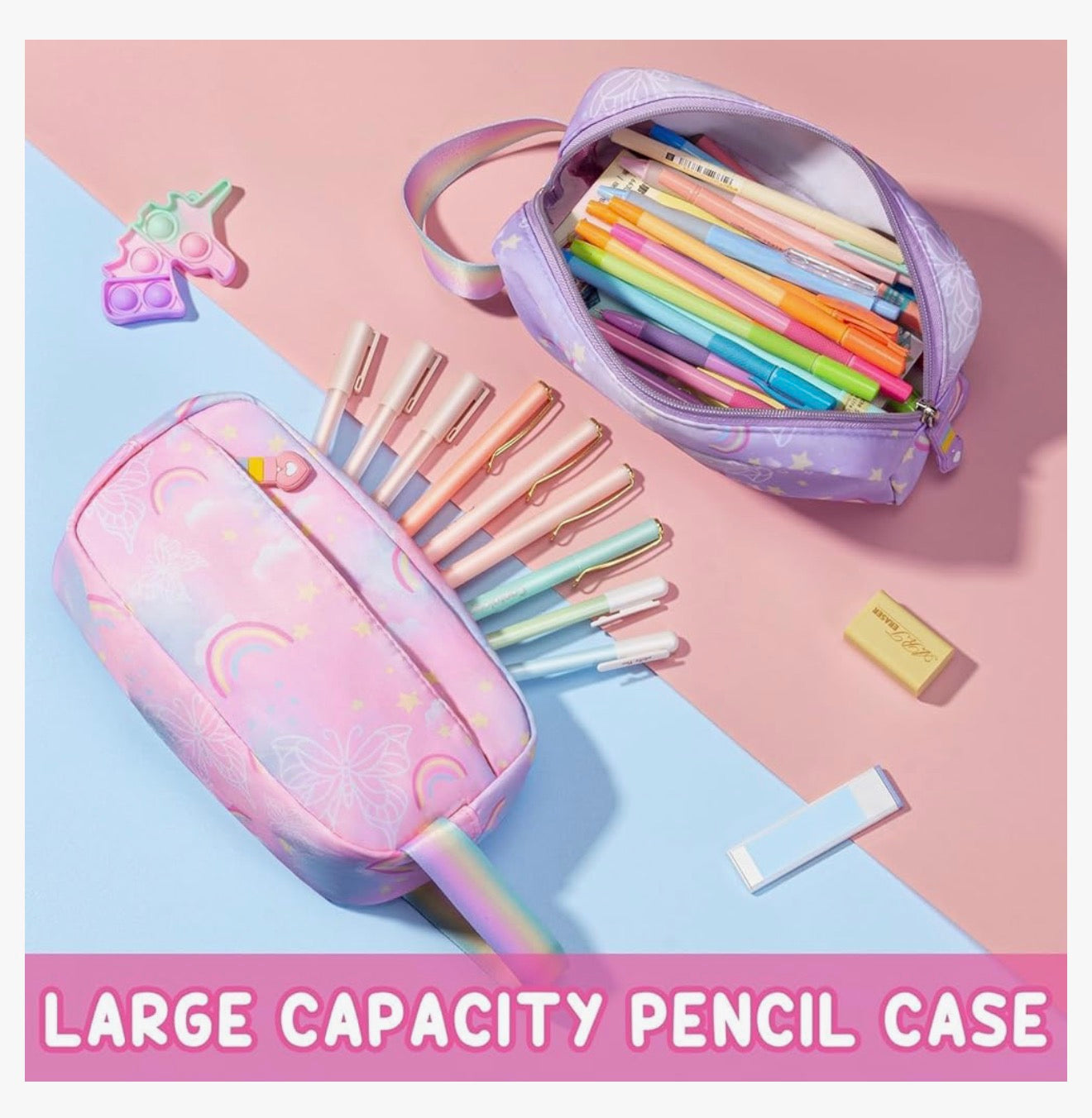 Kids Backpack - 3PCS Rainbow & Butterflies Teen Girls Backpack w/ Lunch Box & Pencil Case, Cute Pink Bookbag School Bag for Kindergarten Elementary Middle School Student Ages 5+