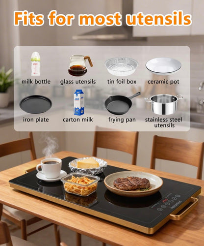 Electric Warming Tray 31.5 × 17.7" with Handle Glass-Top Full-Surface Heating Food Warmer w/ Adjustable Temperature & Timer
