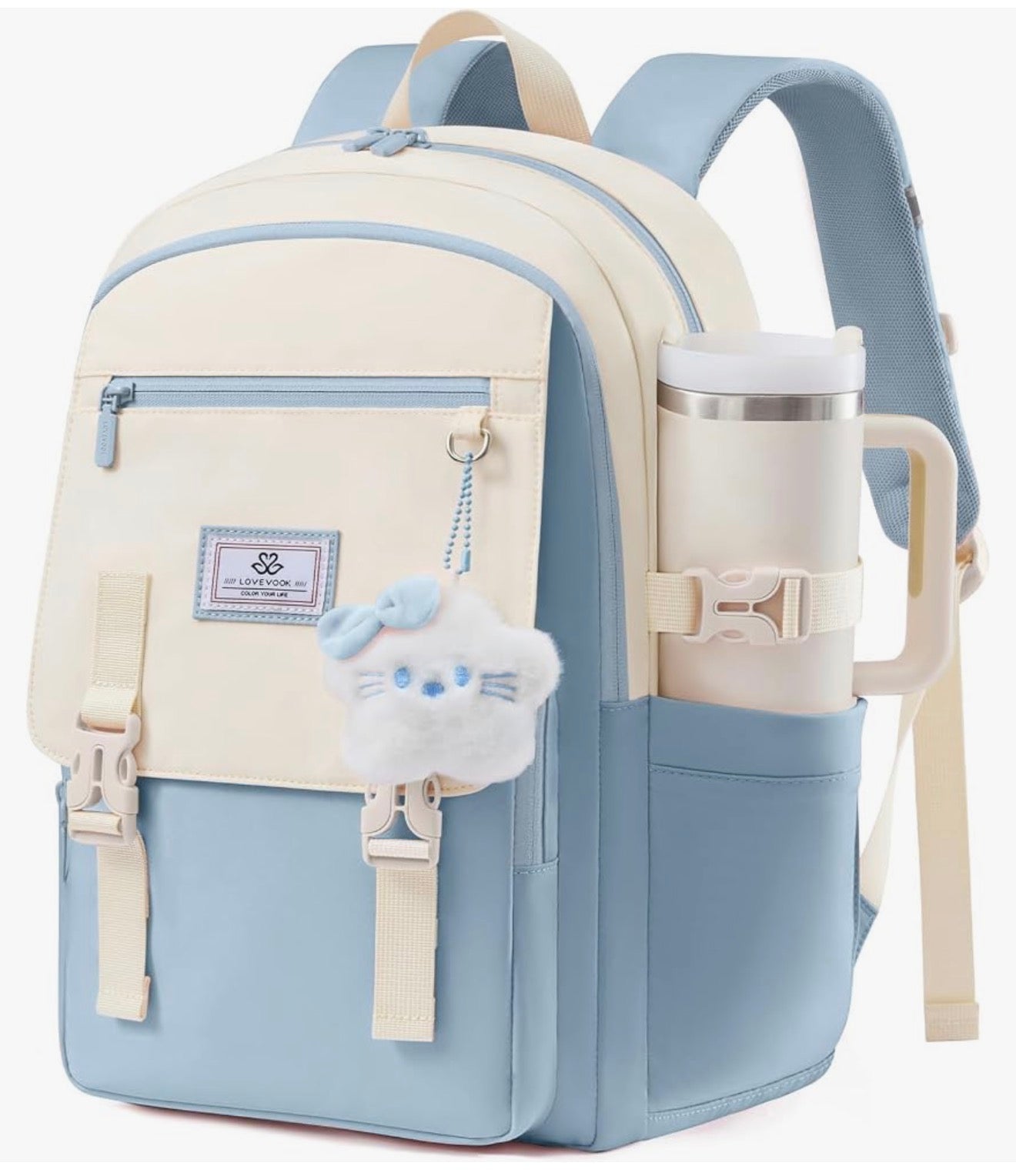 Skoolrugsak 15.6 " Waterbestande Terug-skool-toe Rugsakke, Oulike Kind Boeksak Met Sjarme, Groot Kollege Reis Dagsak - (Baba Blou & Room)