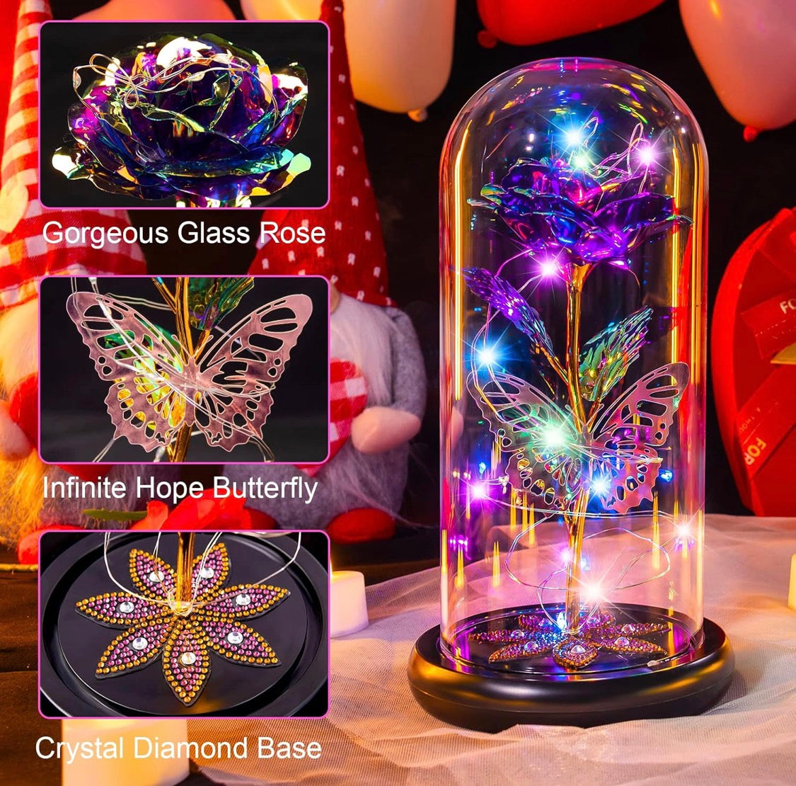 Preserved Crystal Roses in Glass Dome LED Lights w/ Butterfly - (Purple)