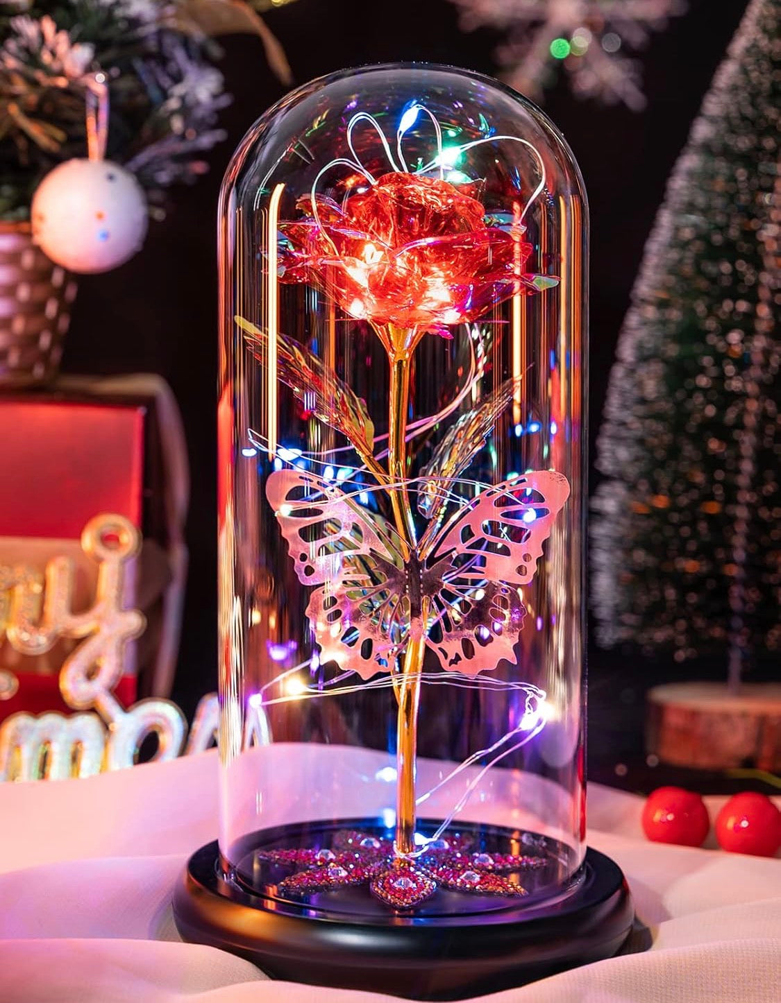 Red - Preserved Crystal Roses in Glass Dome LED Lights w/ Butterfly