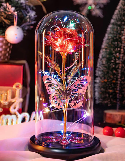 Red - Preserved Crystal Roses in Glass Dome LED Lights w/ Butterfly