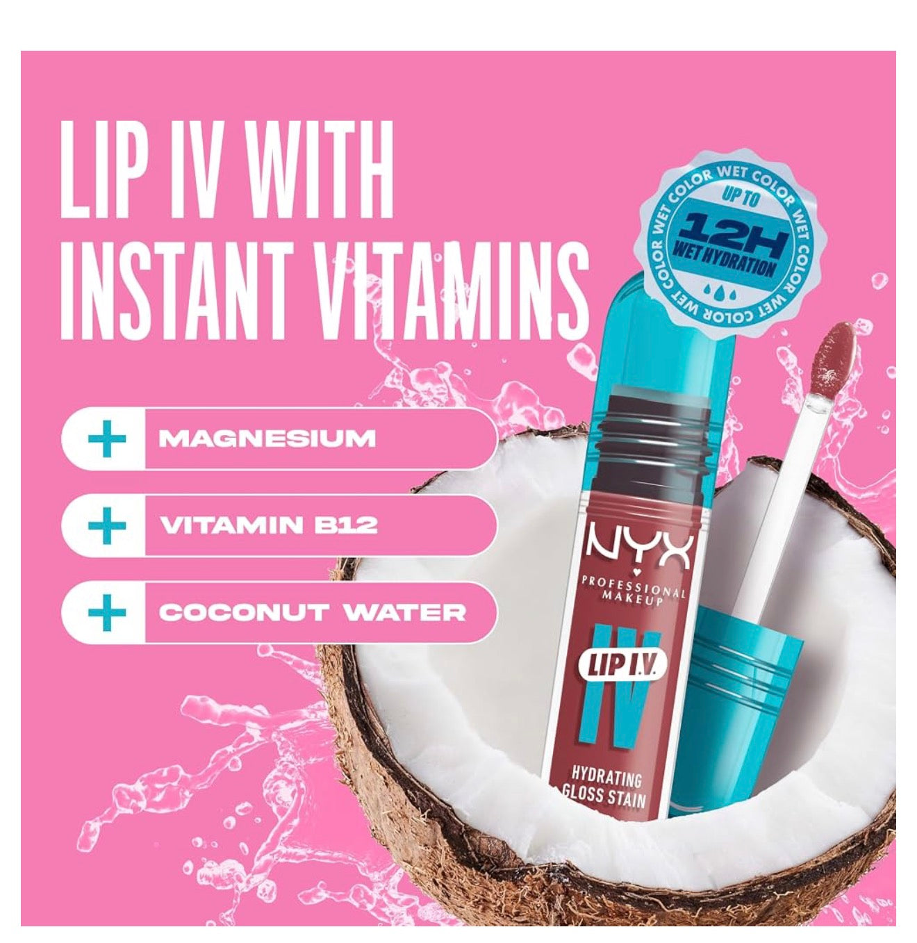 NYX PRO MAKEUP Lip IV Hydrating Glossy Lip Stain, Langdurig, Getint, Veganistiese Formule met 12 UUR Hydrasie – Petal Pourin' (Pienk)