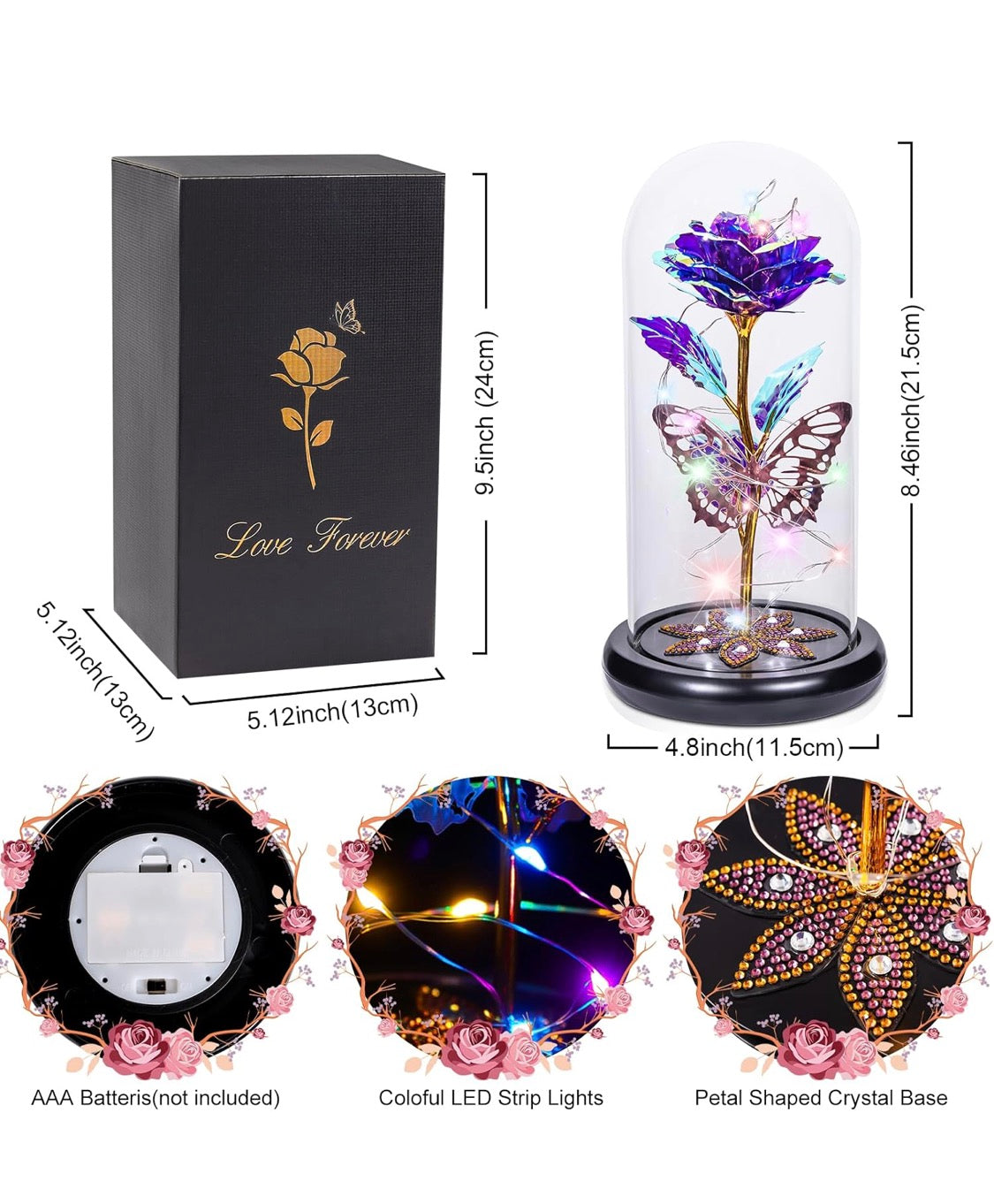 Preserved Crystal Roses in Glass Dome LED Lights w/ Butterfly - (Purple)
