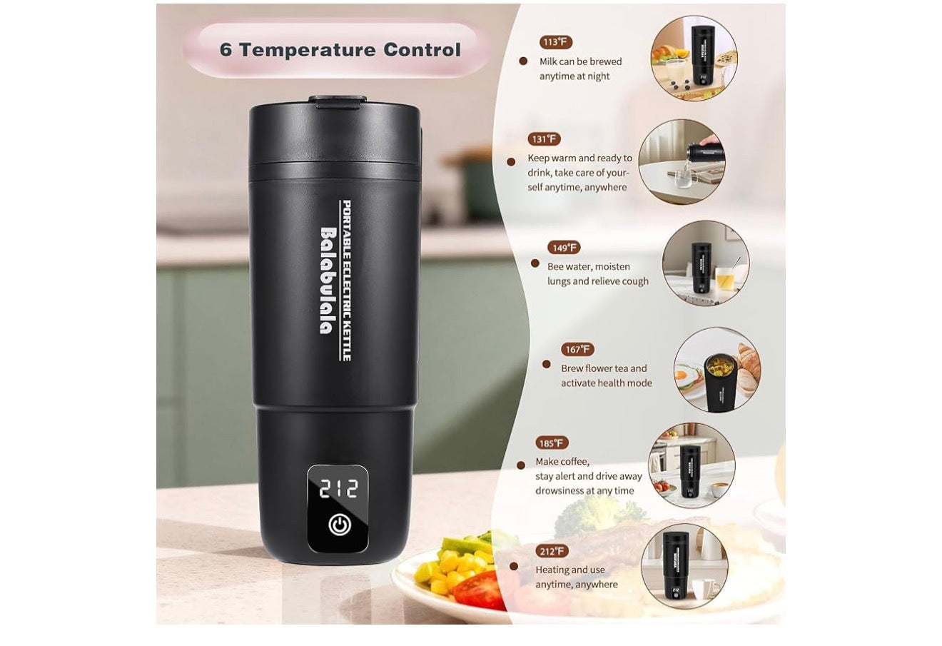 Reis-elektriese ketel, draagbare waterverwarmer met 6 veranderlike voorafinstellings, klein met silikoonbasisbedekking 414ml - (Swart)