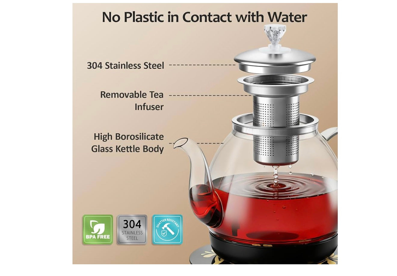Elektriese Glas Teemakertjie met Infuser, ±1℉ Presiese Temperatuurbeheer, BPA-vry, Outomatiese Afskakeling, Brouprogram, Hou Warm - (Swart)