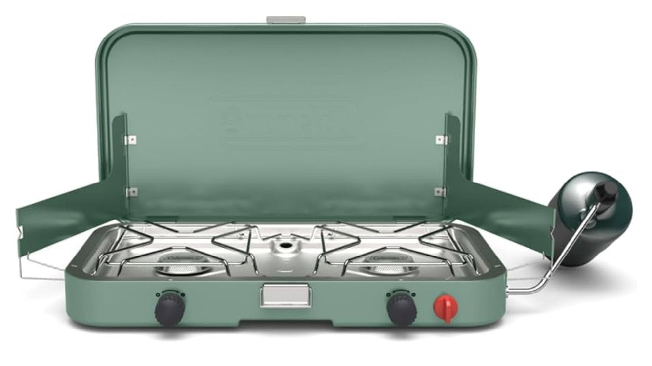 Coleman 2-Brandstof Kampeerstoof, Draagbare Kookplaat met 22 000 BTU's, Aansteek sonder vuurhoutjies, en Dubbele Windskerms, Ideaal vir Buite-kook, Kampering, Agterklep-kuier, Braai, BBQ's, en Meer