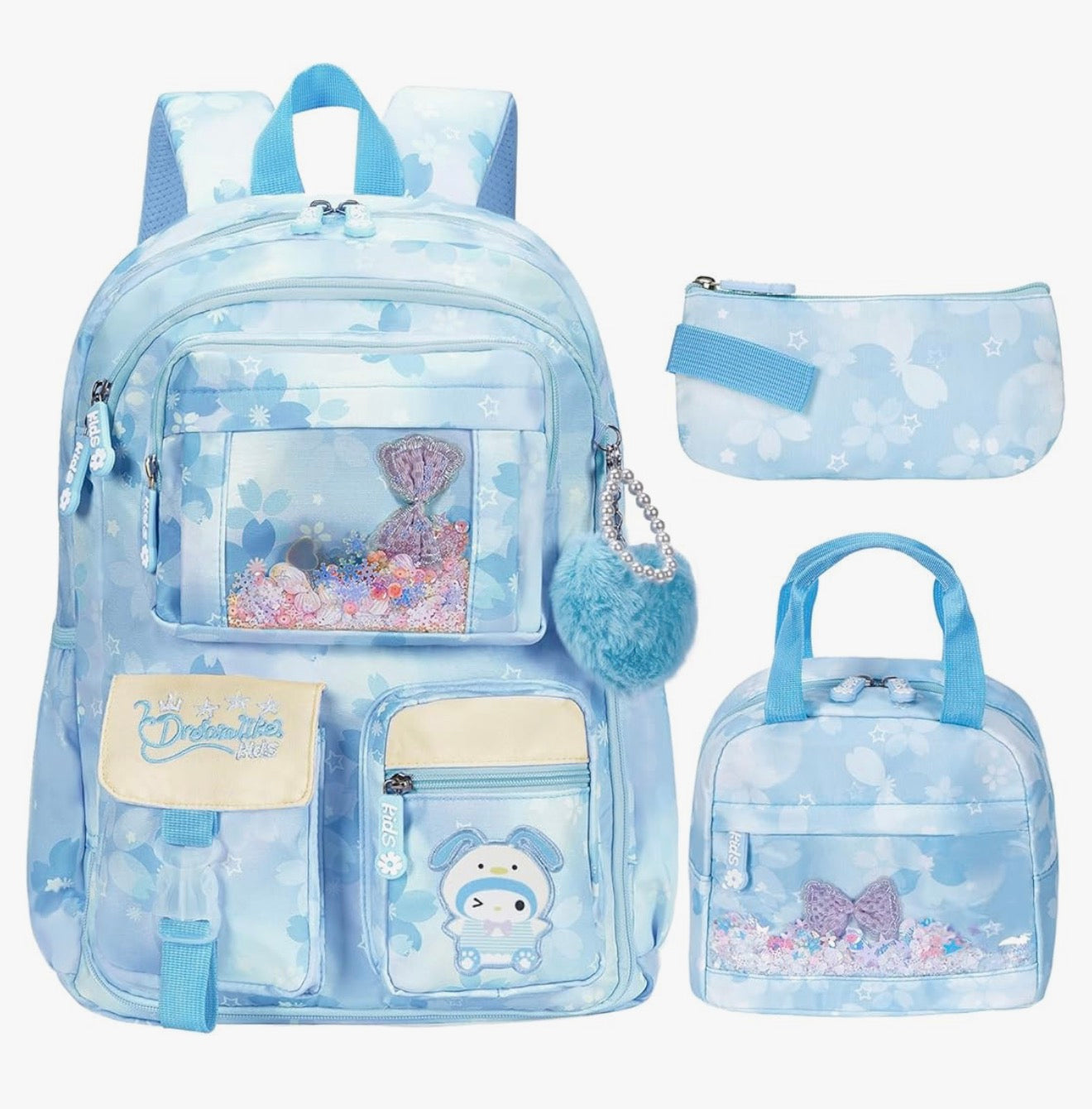 Kindersstelle Rugsak 17" vir Meisies, Spotprent Skooltas vir Laerskool Middelbare Skool Studente Boektas met Kosblik & Potloodsakkie - (Blou)