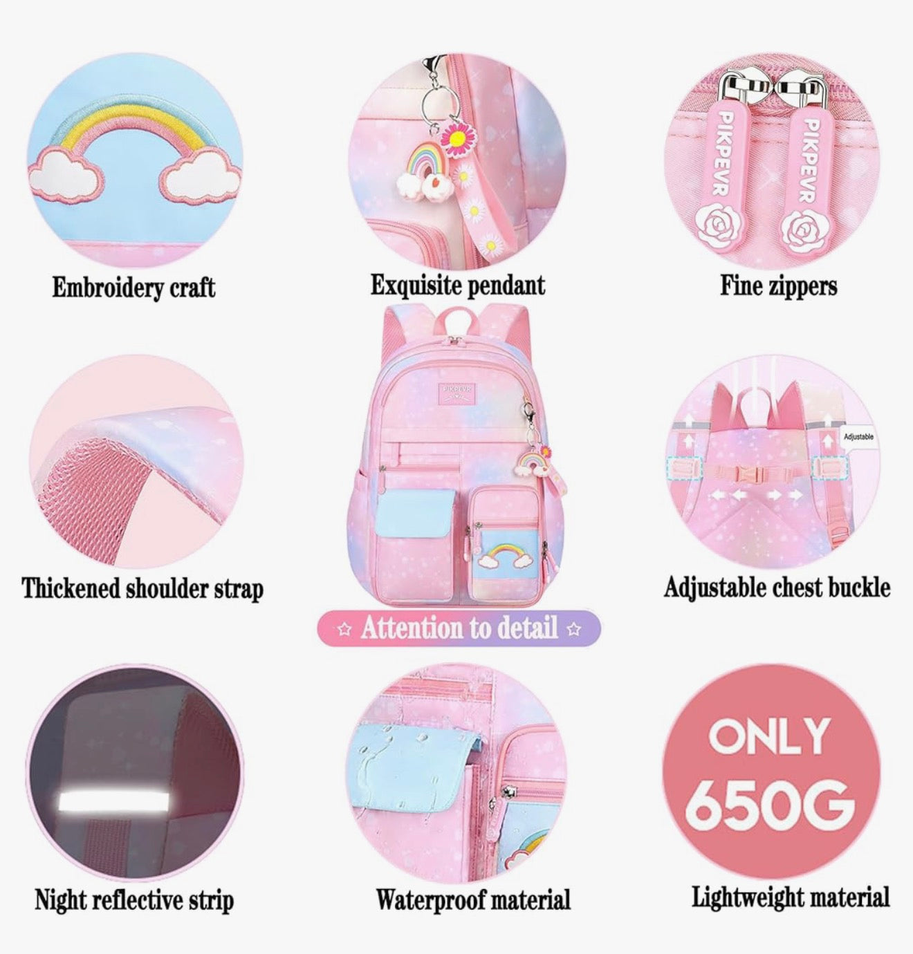 Rainbow Backpack For Girls Kids, Cute Student School Backpack With Pen Bag, Laptop Travel Bag (Pink)