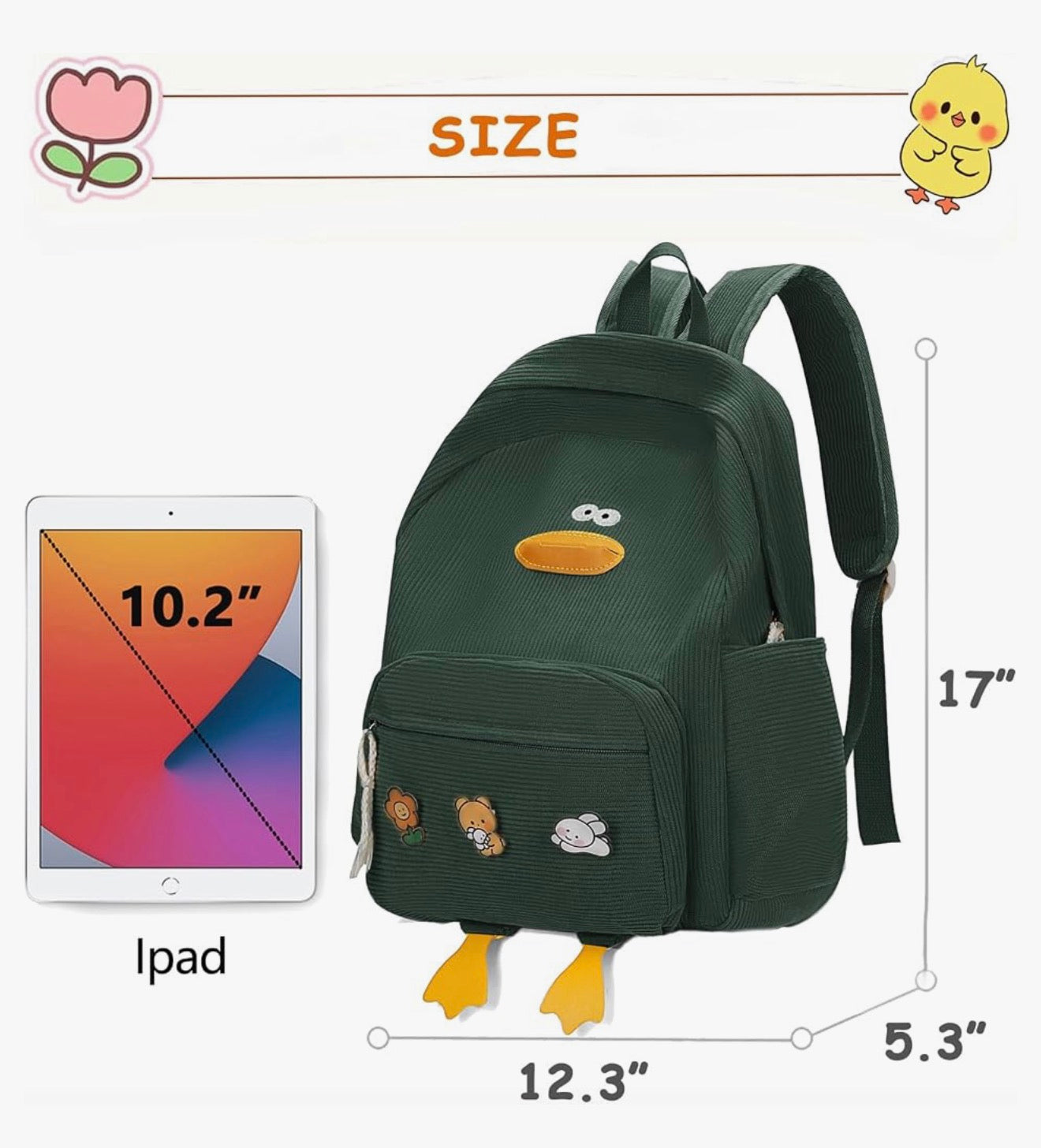 Oulike Eend Rugsak vir Tienermeisies Vroue, Kawaii Snaakse Estetiese Koordfluweel Skooltas vir Hoër Middel Skool - (Groen)