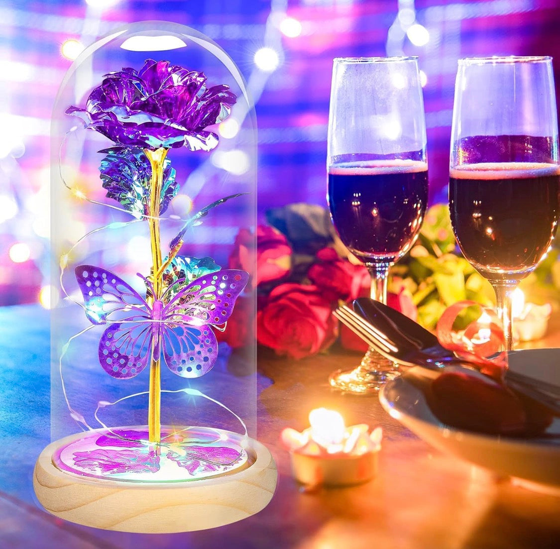 Red Timeless Crystal Rose w/ Butterfly - Illuminated Dome Glass - Special Occasion/Gifts