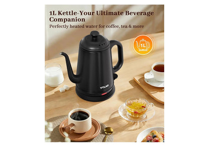 Elektriese Ketel 1L, 1000W Vinnige Kook vir Oorgiet Koffie & Tee, Vlekvrye Staal BPA-vry, Presiese Vloeispuit, Outomatiese Afskakeling & Droogkookbeskerming - (Swart)