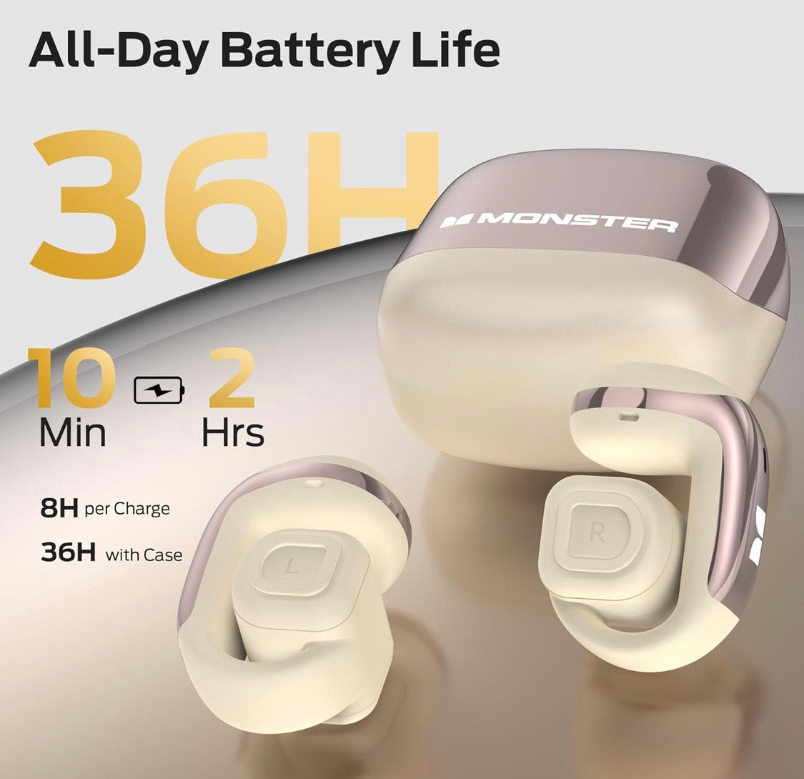 Monster Airclip Open Ear Clip-On Earbuds, Lightweight Comfort, Secure Fit, Crystal-Clear Call - IPX6 (White)