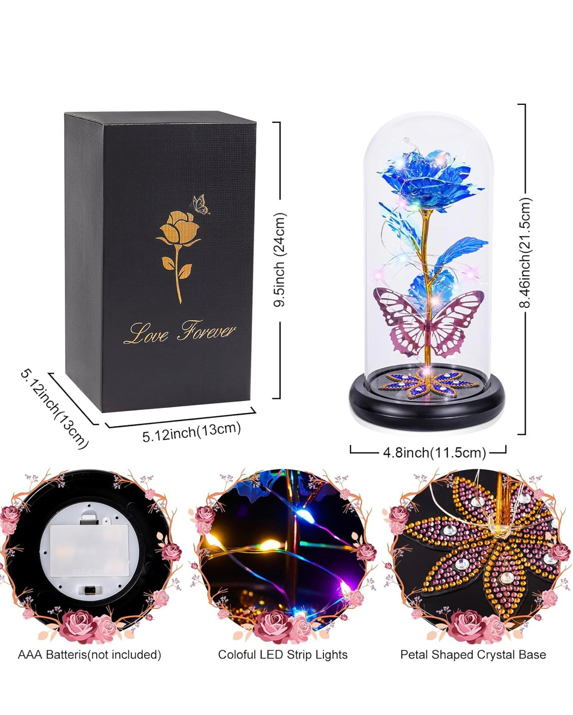 Preserved Crystal Roses in Glass Dome LED Lights w/ Butterfly - (Blue)