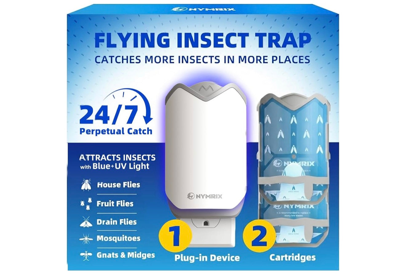 Nymrix Flying Insect Trap, Plug-in Indoor Fly Trap for Fruit Flies & Gnats
24/7 Blue Light Trap for House Flies & Mosquitoes, Works in Kitchens & Near Plants, Safe for Kids & Pets, 1 Base + 2 Refills