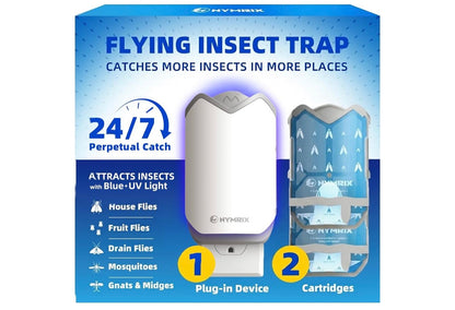 Nymrix Flying Insect Trap, Plug-in Indoor Fly Trap for Fruit Flies & Gnats
24/7 Blue Light Trap for House Flies & Mosquitoes, Works in Kitchens & Near Plants, Safe for Kids & Pets, 1 Base + 2 Refills