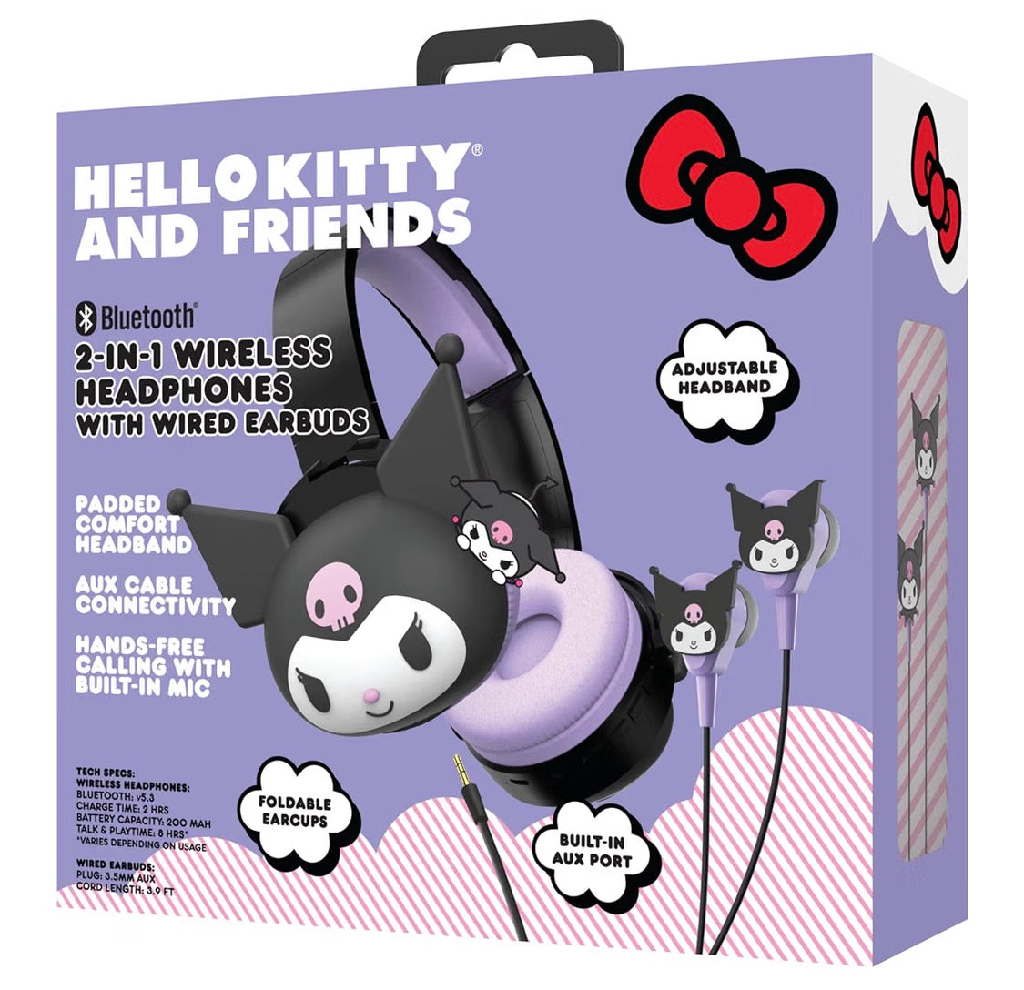 Hello Kitty 2-in-1 Wireless Bluetooth Headphones with Wired Earbuds – Foldable Over-Ear Headset with Built-in Mic, AUX Cable, Adjustable Headband, and Onboard Controls – Kuromi