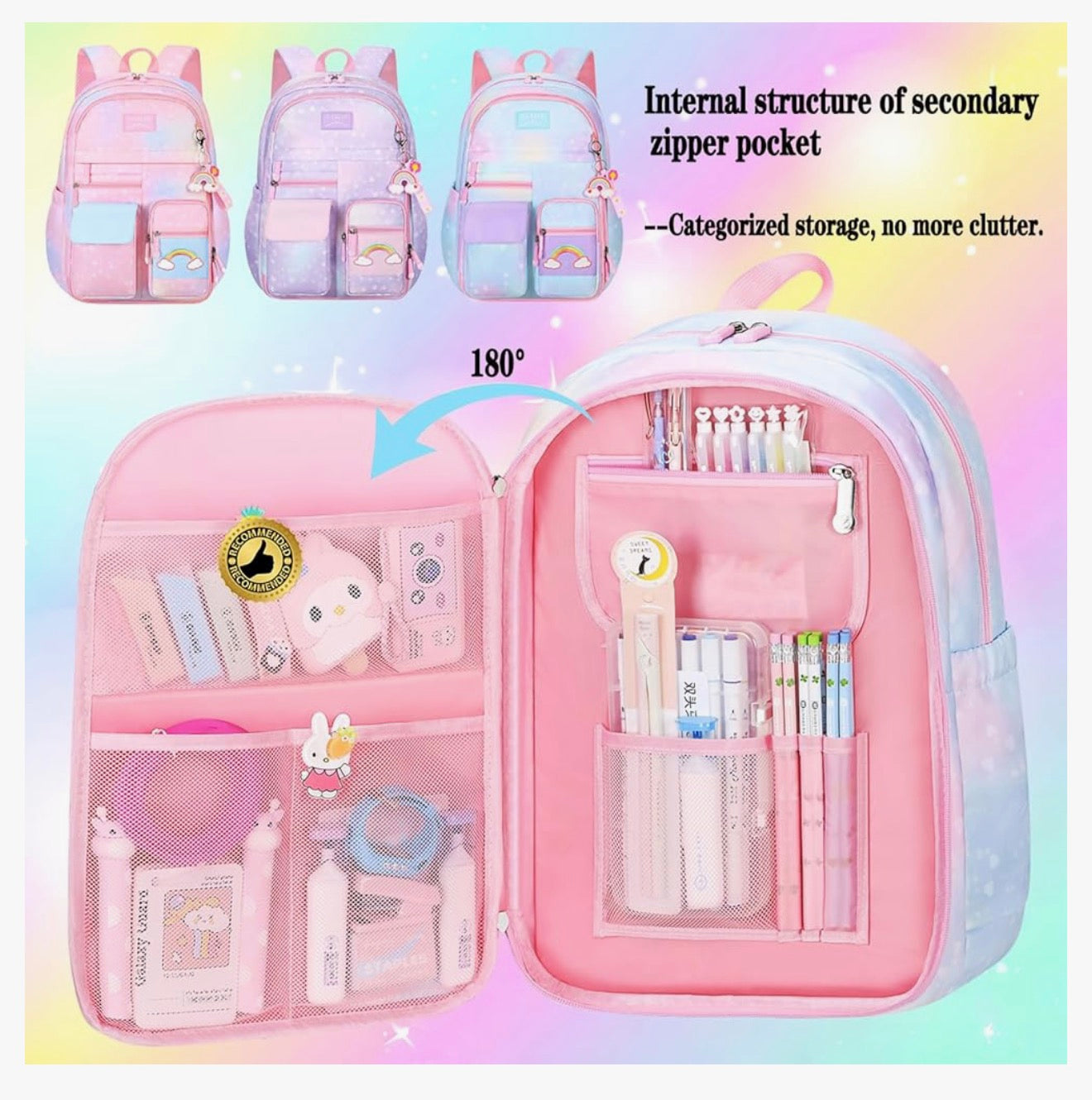 Rainbow Backpack For Girls Kids, Cute Student School Backpack With Pen Bag, Laptop Travel Bag (Blue)