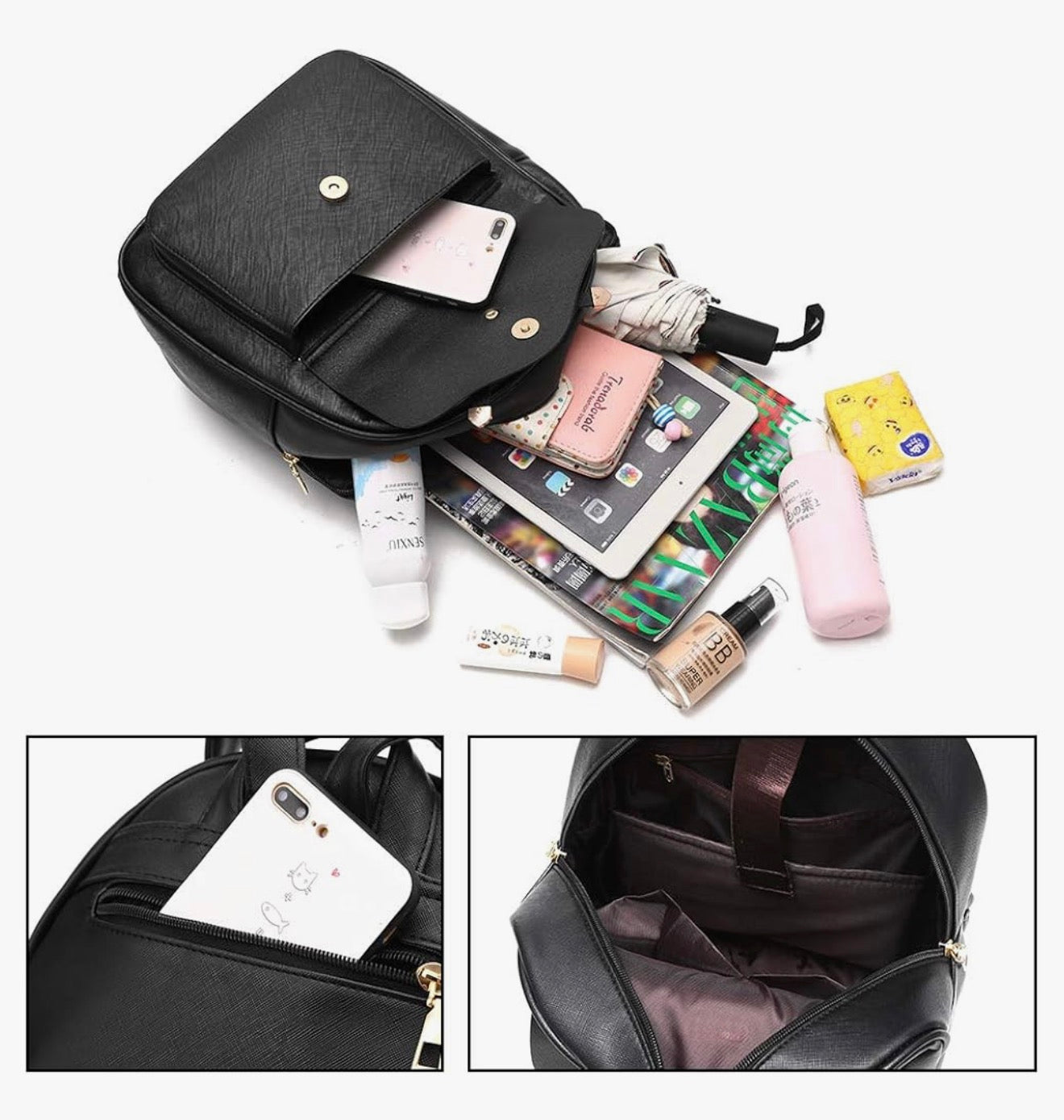 iGirls Strikkie 3-Stukke Mode Leer Rugsak Rugsakhandsak vir Vroue, Rucksack vir Dames Skouersak - (Pers)