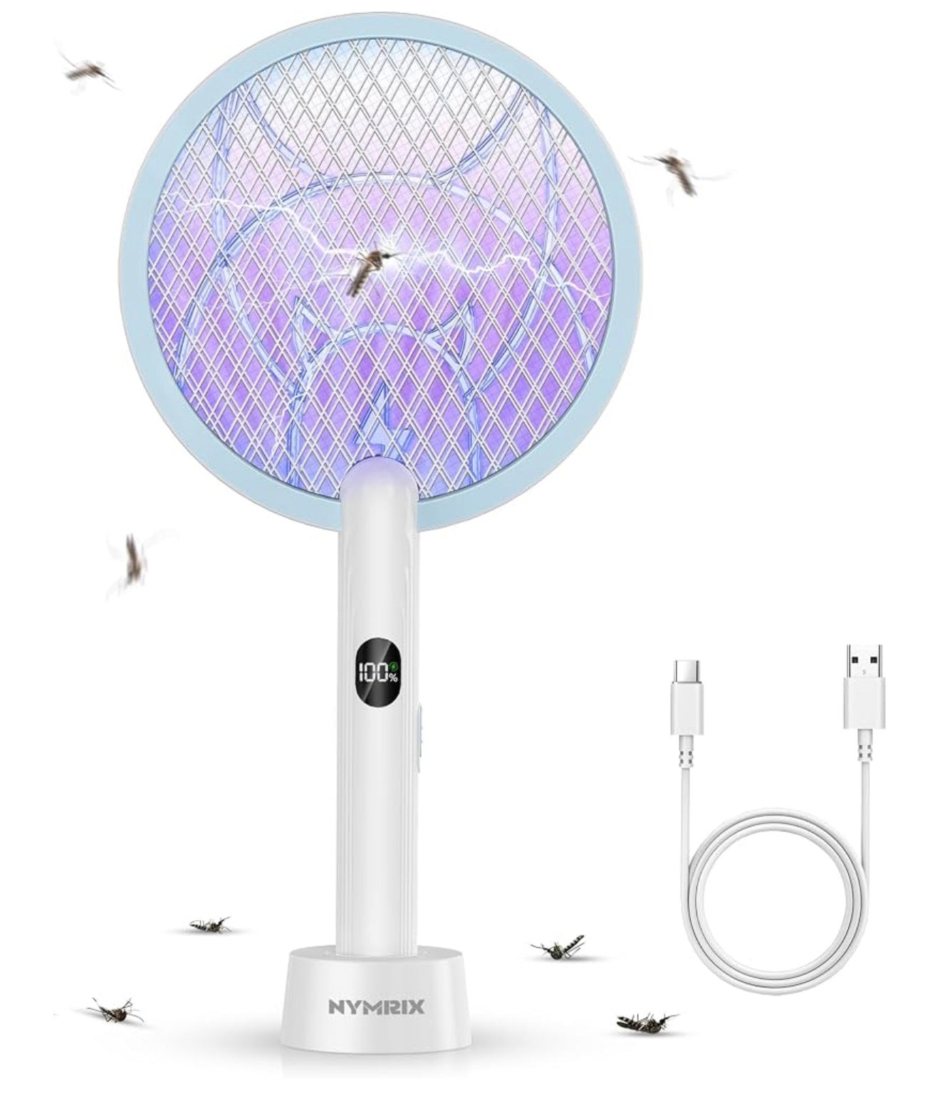 Nymrix Electric Fly Swatter 4100V Dual Mode Bug Zapper Racket（Blue,1-Pack）
Mosquito Killer with 1800 mAh Rechargeable Battery, Purple Light, Usb-C charging and 3-Layer Safety Mesh for Indoor & Outdoor