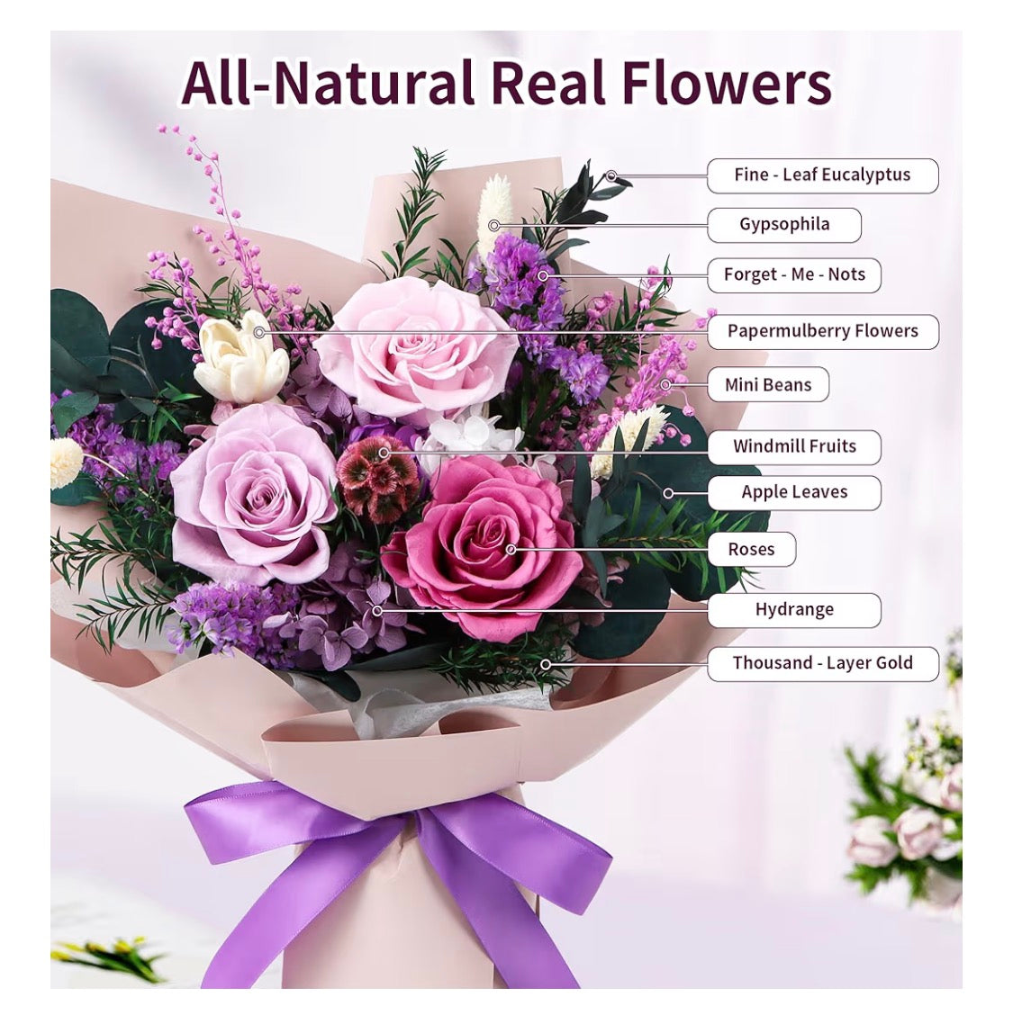 Preserved Flowers Bouquet, Real Eternal Flowers, Gifts - Special Occasion - Pastel Lilac