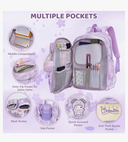 Kinderstelle Rugsak 17" vir Meisies, Spotprent Skooltas vir Laerskool Middelbare Skool Studente Boekentas met Kosblik & Potloodsakkie - (Pers)