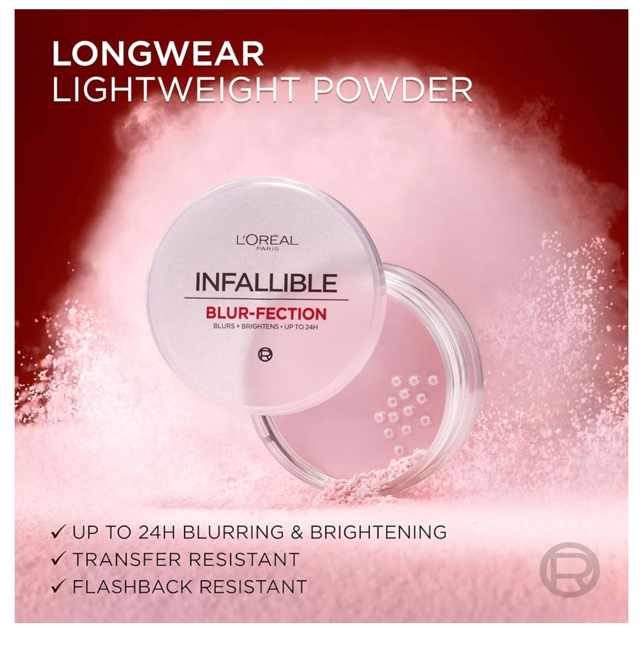 L'Oréal Paris Infallible Blur-fection Langhoudende Los Poeier, Vervaag Gesigpoeier met Tot 24 Ure van Dra – Verhelderende Dieppienk (1 Kit)