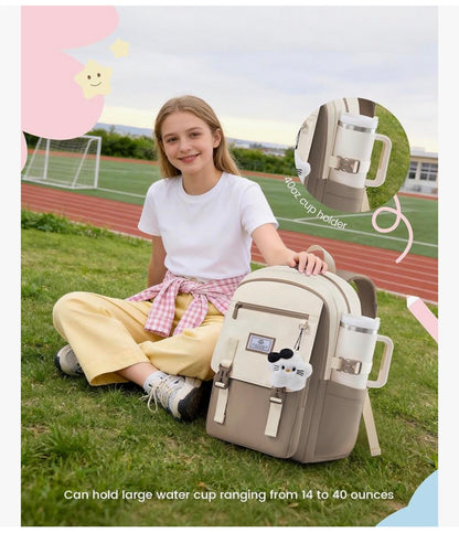 Skoolrugsak 15.6" Waterbestande Terug-skool toe-rugsakke, Oulike Kinderboeksak Met Hanger, Groot Kollege Reisdagrugsak - (Khaki & Room)