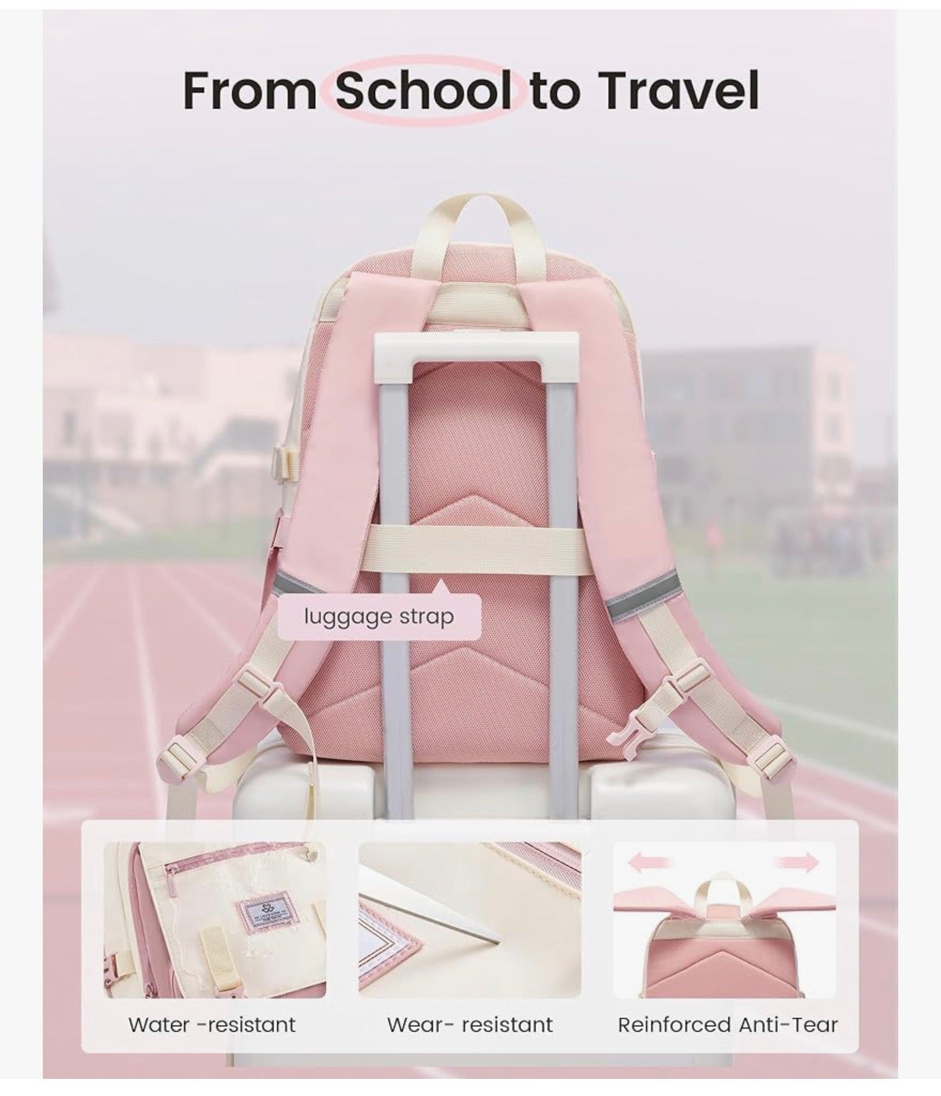 Skoolrugsak 15.6" Waterbestande Terug-skool toe-rugsakke, Oulike Kinderboeksak Met Hanger, Groot Kollege Reisdagrugsak - (Khaki & Room)