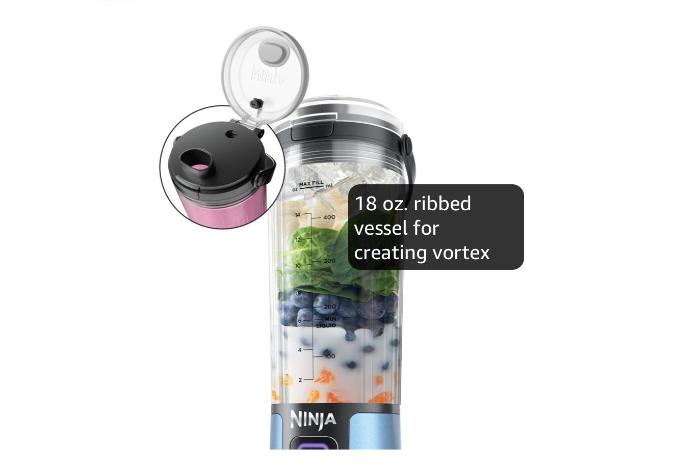 Ninja Blast Koordlose 18oz. Draagbare Blender Vir Skud- en Smoothies, BPA-vry, Lekvrye Deksel en Slurpmondstuk, USB-C Herlaaibaar, Skottelgoedwasser Veilig - (Metaalblou)