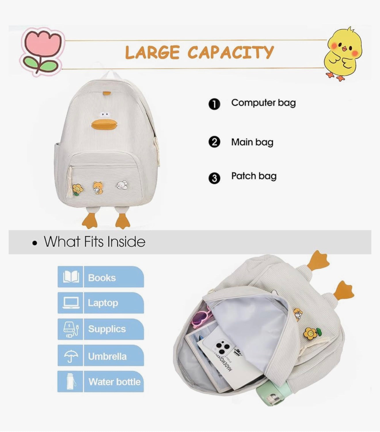 Oulike Eend Rugsak vir Tienermeisies Vroue, Kawaii Snaakse Estetiese Koordfluweel Boeksak vir Hoër Middel Skool - (Wit)