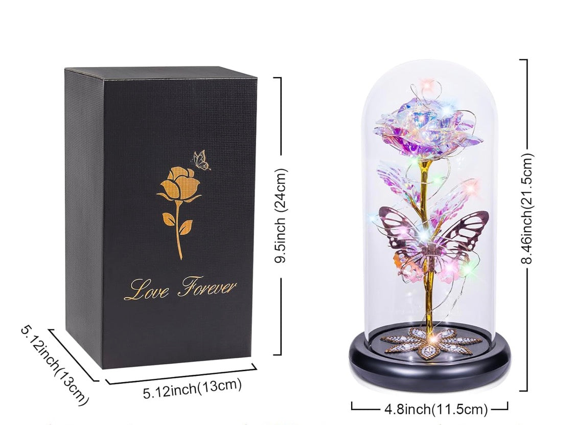 Preserved Crystal Roses in Glass Dome LED Lights w/ Butterfly - (Multicolor)