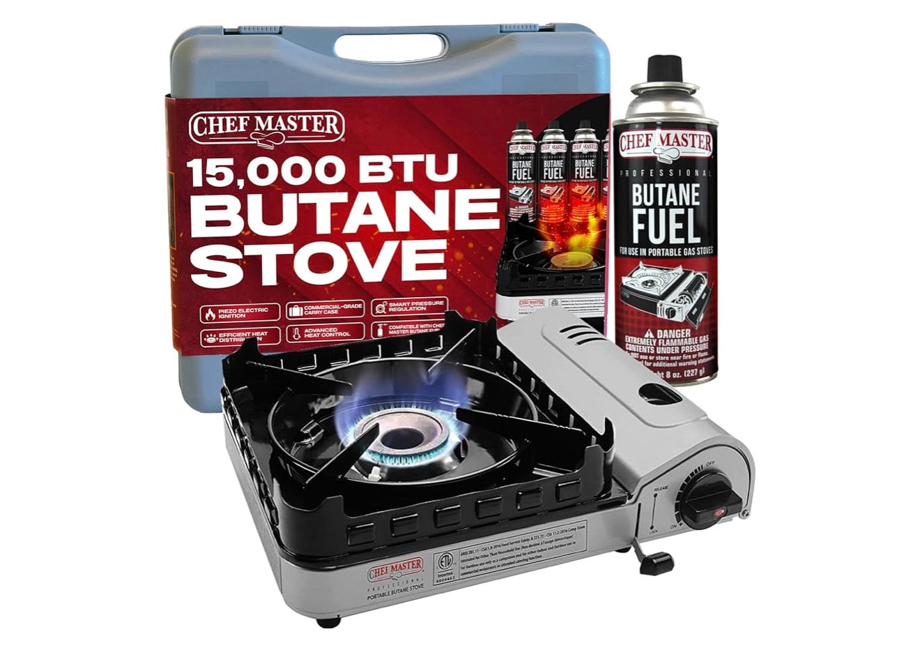 Chef Master 15,000 BTU Butane Portable Camp Stove | Double Wind-Guard Portable Stove Burner w/Piezo Click Ignition for Emergencies, Tailgating, Hiking, Backpacking & Camping Essentials - 90019
Double Wind Guard, Piezo Ignition, Canister Safety Lock, Press