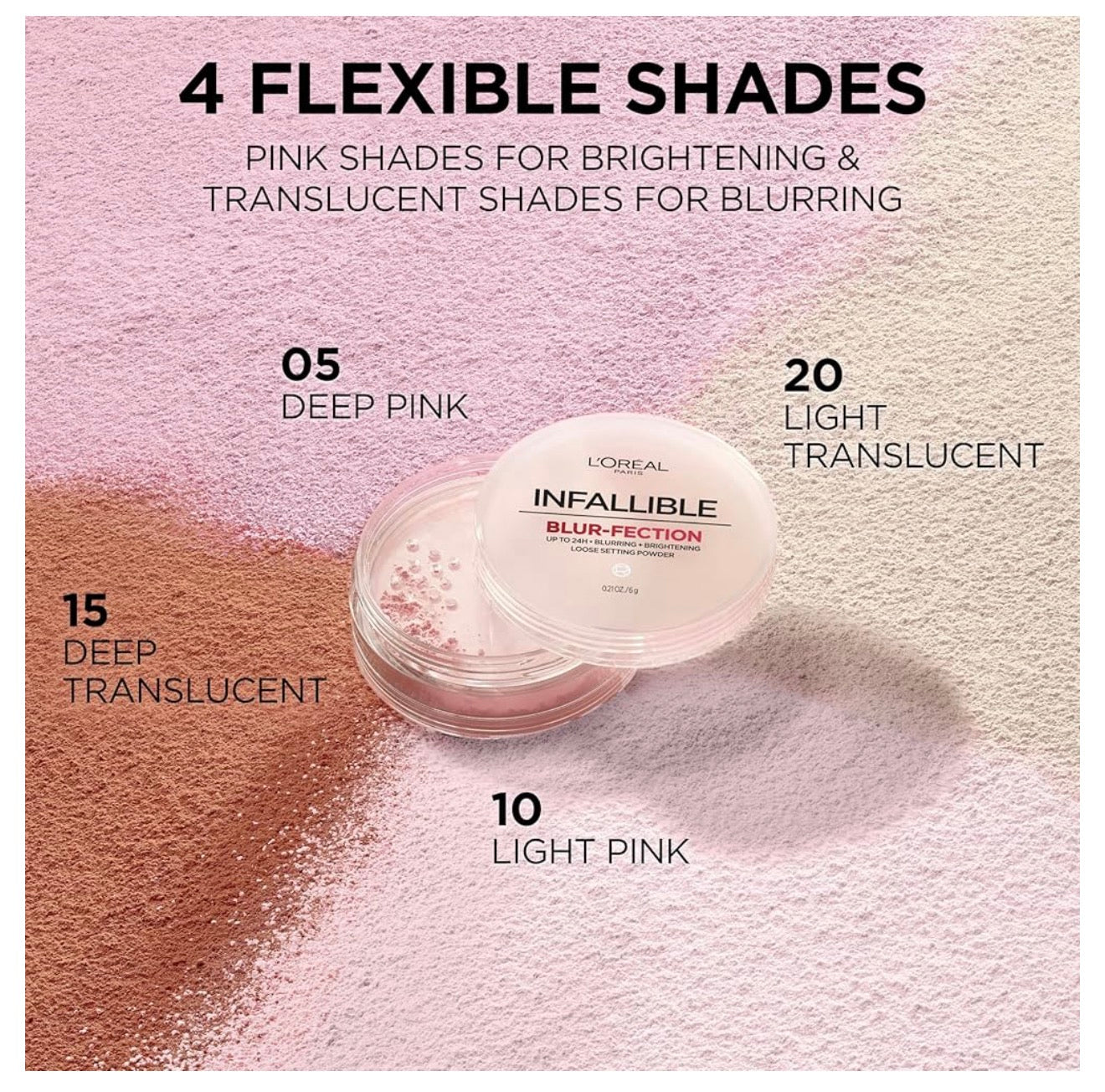 L'Oréal Paris Infallible Blur-fection Langhoudende Los Poeier, Vervaag Gesigpoeier met Tot 24 Ure van Dra – Verhelderende Dieppienk (1 Kit)