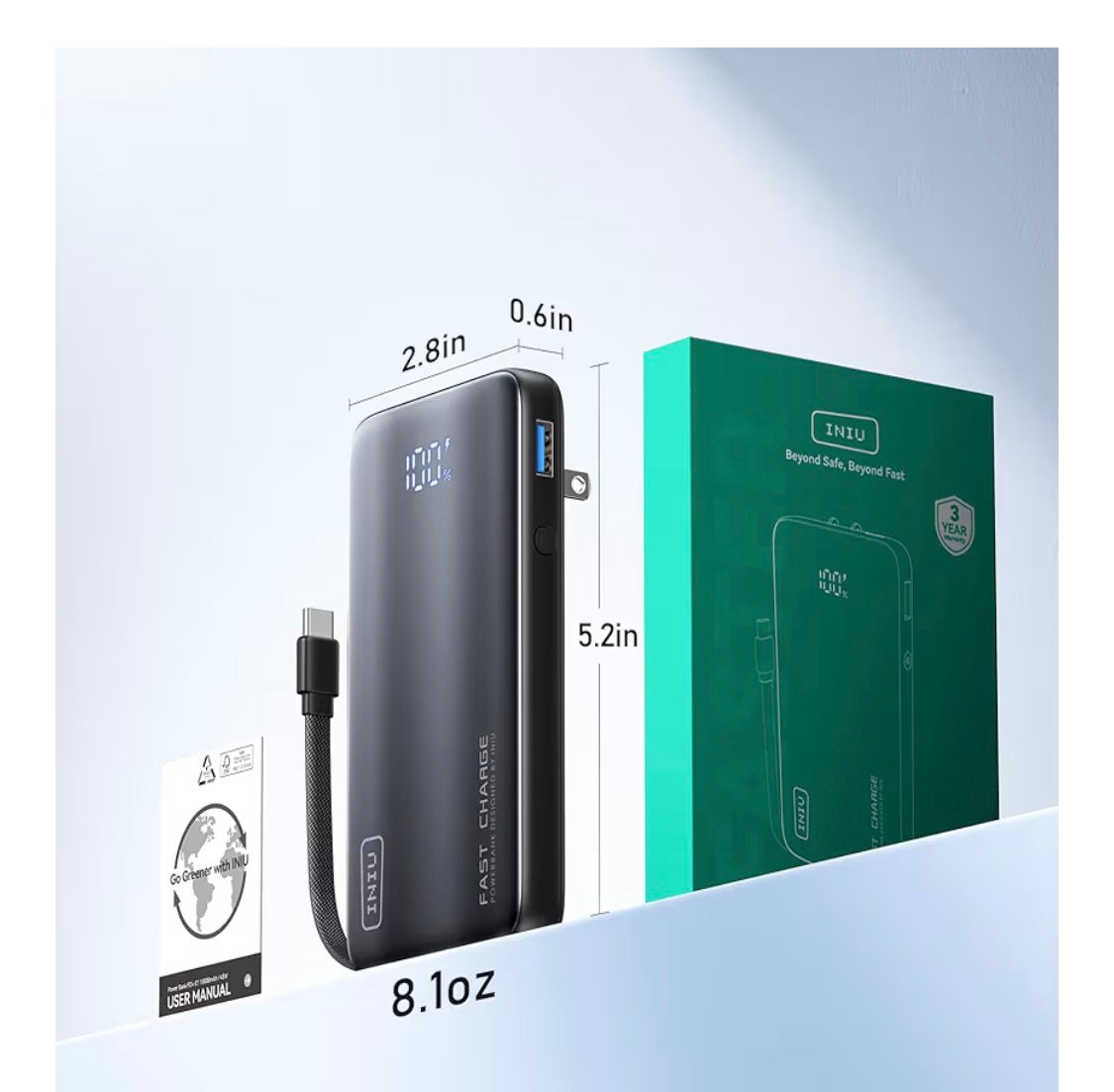 3-in-1 Portable Charger, 45W 10000mAh Fast Charging Power Bank, Built-in USB C Cable & Foldable Wall Plug, Travel Essentials