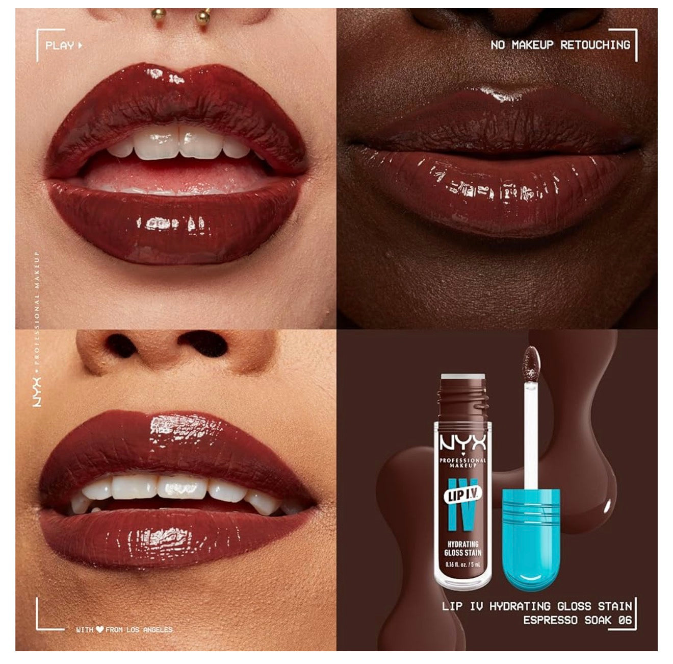 NYX PRO MAKEUP Lip IV Hydrating Glossy Lip Stain met 12H Hidrasie – Espresso Soak (Bruin)