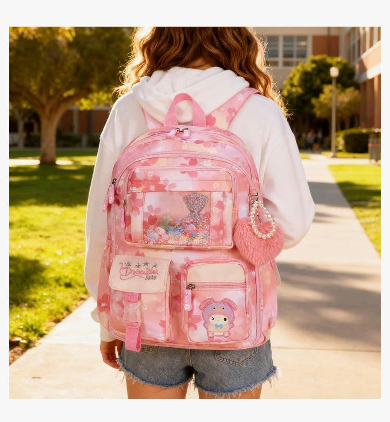 Kids Backpack 17 inches for Girls, Cartoon School Bag for Elementary Middle School Students Book Bag - (Pink)