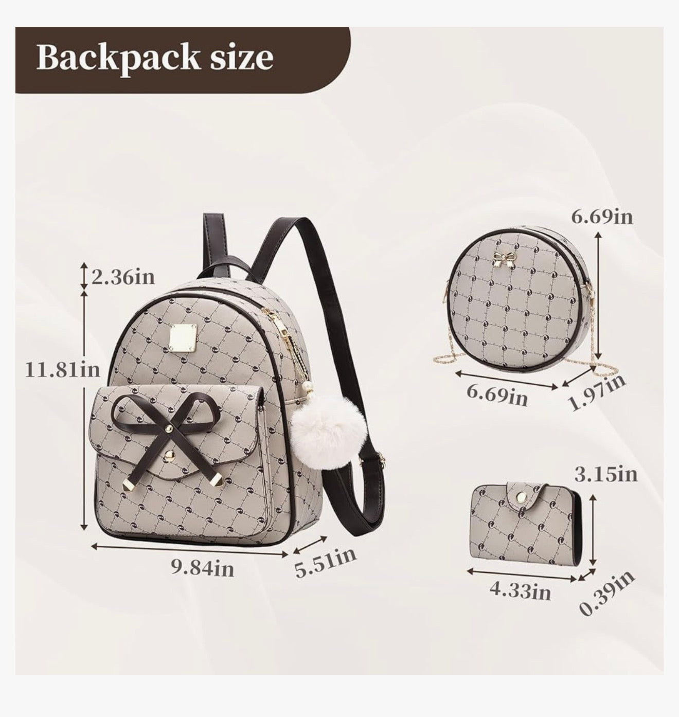 iGirls Strikkie 3-Stuk Mode Leer Rugsak Rugsakhandsak vir Vroue Ruksak vir Dames Skouersak - (Beige1)