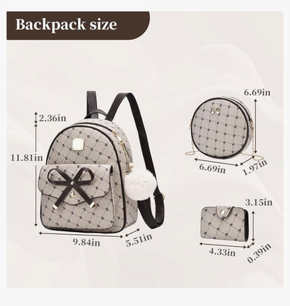 iGirls Strikkie 3-Stuk Mode Leer Rugsak Rugsakhandsak vir Vroue Ruksak vir Dames Skouersak - (Beige1)