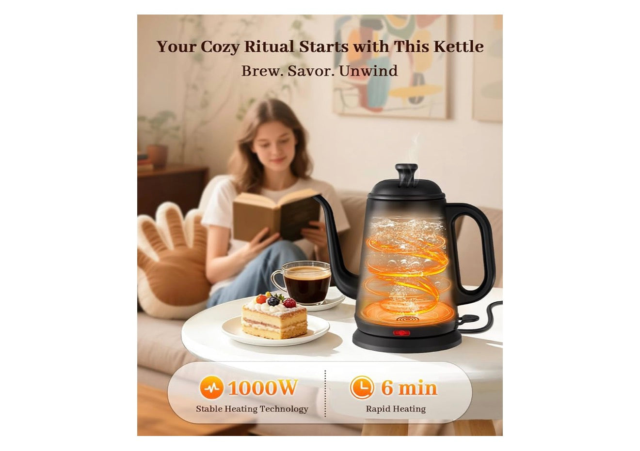 Elektriese Ketel 1L, 1000W Vinnige Kook vir Oorgiet Koffie & Tee, Vlekvrye Staal BPA-vry, Presiese Vloeispuit, Outomatiese Afskakeling & Droogkookbeskerming - (Swart)