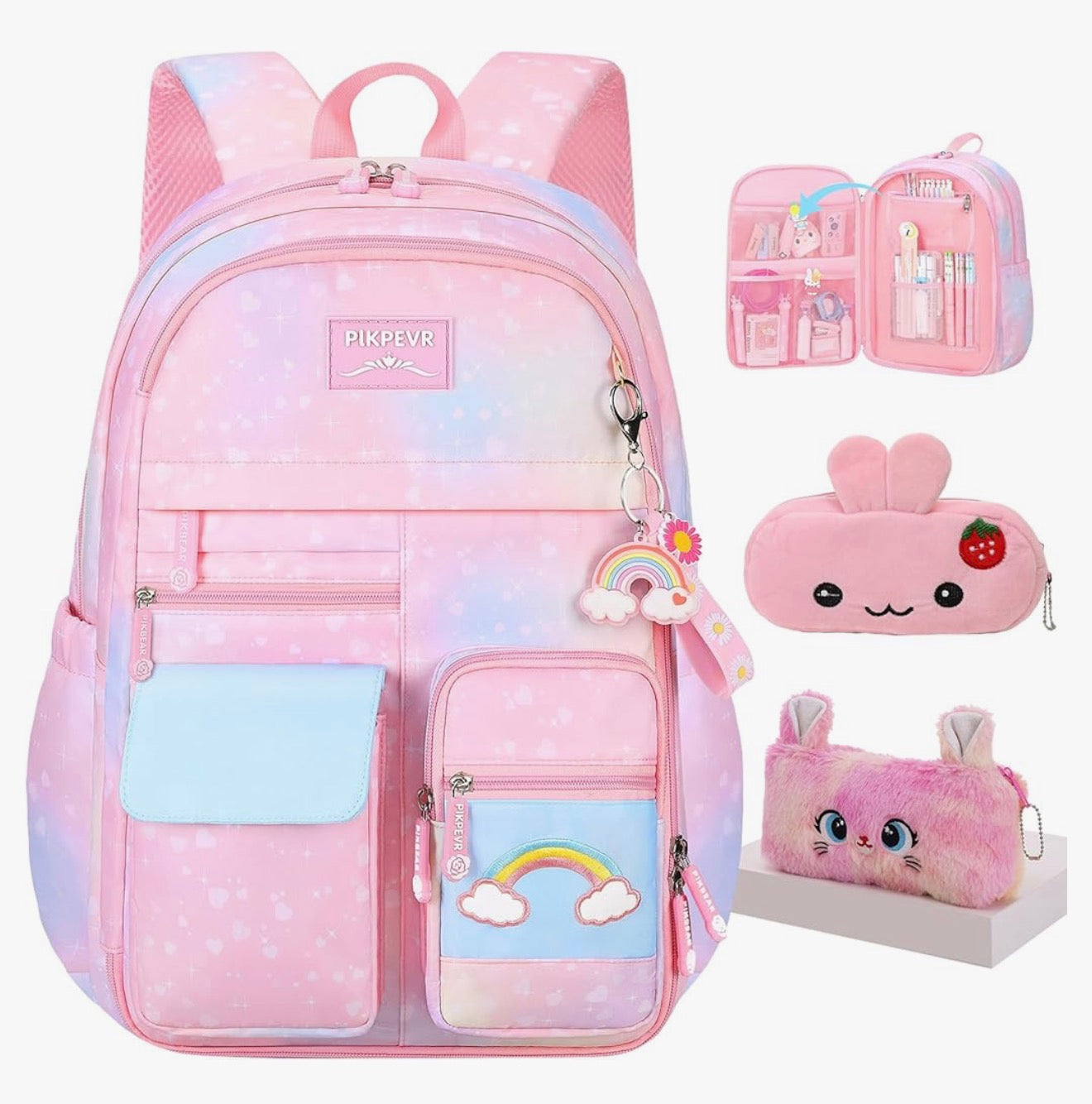 Rainbow Backpack For Girls Kids, Cute Student School Backpack With Pen Bag, Laptop Travel Bag (Pink)