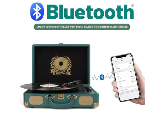 Vinielplaatspeler Bluetooth Platenspeler 3-Spoed Tas Draagbare Vintage Bandgedrewe Platenspeler met Ingeboude Luidsprekers RCA-Lynuitgang AUX - (Jagtersgroen)